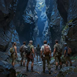 a party of adventurers exploring a claustrophobic narrow tomb dark blue canyon of stone, oil painting, greg rutkowski, unreal engine, octane render, highly detailed