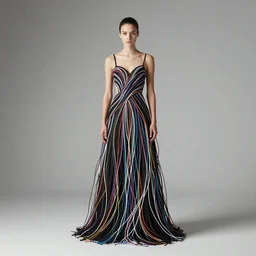 woman in a long, flowing dress made of multi-colored wires and cables