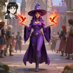 Young petite beautiful woman in slim purple sorceress robes with pointy hat at a crowded magical university, a flaming magical red flame hummingbird pet, full body shot unreal engine hyperreallistic render 8k character masterpiece digital art, cell shader shading, raytracing, comic art, manga, trending on Artstation, CGSociety