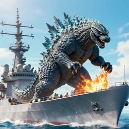 Godzilla eating a warship closeup