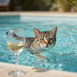 cat swimming in glass of wine