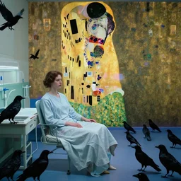 ! dream a woman in an hospital, a lots of crows, hyperrealistic film still by edward hopper, by gottfried helnwein, by klimt, by paolo uccello, art nouveau, highly detailed, strong lights, liminal, eerie, symbolist, bright pastel colors