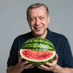recep tayyip erdogan smiling holding watermelon, studio photograph, hd, studio