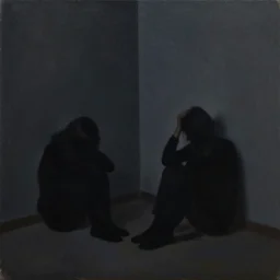 a silhouette of two depressed people sitting in the corner of a dark room, oil on canvas
