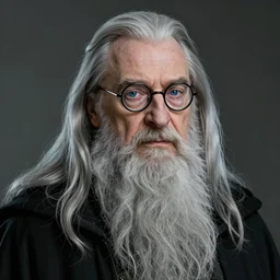 portrait of 8 0 - year - old man, with blue eyes, very long silver hair, and very long silver beard, a long crooked nose, wearing half rounded glasses, dumbledore, wearing in black cloak, hyper realistic face, beautiful eyes, character art, art by mark brooks, hyperdetailed, cryengine, trending on artstation, digital art
