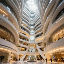 photo - real, modern, extremely beautiful saha hadid building, hypermaximalistic, high details, cinematic, masterpiece, 8 k resolution, beautiful detailed, insanely intricate details, artstation trending, octane render, unreal engine, bright it interiors, warm yellow lights