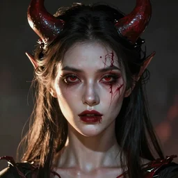 realistic portrait of a female demon, high detail, clearly see face, by gaston bussiere, bayard wu, greg rutkowski, auguste bourotte, masterpiece, sharp focus, cinematic lightning, finely illustrated face, trending in artstation, digital painting, radiant light, soft lighting, scary, horror