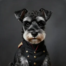 portrait of stoic looking miniature schnauzer, military uniform, black fir, white eyebrows, fantasy, intricate, elegant, highly detailed, centered, dark, smokey, charcoal painting, digital painting, artstation, concept art, smooth, sharp focus, illustration, art by artgerm and greg rutkowski and alphonse mucha