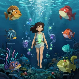 underwater life, infographic with illustrations, glowing lights, epic fantasy, digital art, highly saturated colors, concept art, detailed illustration, hd, 4 k, digital art, greg rutkowski, studio ghibli, jean baptiste monge, trending on artstation