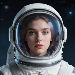 retrofuturistic portrait of a woman in astronaut helmet, smooth transparent visor, reflective gradient, space graphics in background, close up, quint buchholz, wlop, dan mumford, artgerm, liam brazier, peter mohrbacher, raw, featured on artstation, octane render, cinematic, elegant, intricate, 8 k