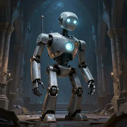 old robot in a ruined church, night, glowing lights, highly detailed, digital painting, artstation, concept art, smooth, sharp focus, illustration, greg rutkowski, 8 k, very high resolution, processing, extremely hyperdetailed