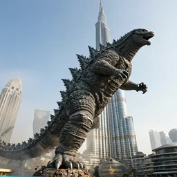 wide angle view, godzilla smashes burj khalifa dubai, photorealistic, insane details, daylight, tele photo lens, 8 k
