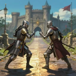 fight scene medieval road near castles, center camera composition, 2 5 mm, bokeh, by studio ghibli, volumetric lighting, movie action scene, 8 k, lumen reflections, sharpened, insanely detailed and intricate, elegant, ornate