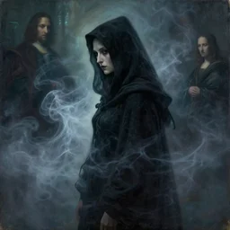old shadow hag cloaked in ethereal smoke and wisps of shadow looking away from camera, profile shot, hyperrealistic, subject in center of frame, neonpunk, oil on wood portrait by rembrandt and leonardo da vinci and jan van eyck and kim jung gi, artstation, deviantart, rule of thirds