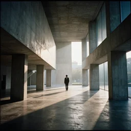 Hyper realistic photo of a interior brutalist museum, with alone man with suit and hat in the distance, sun rays at sunset, hard shadows, fog, Hyper realistic film photography by Yohji Yamamoto, Zeiss 18mm f2.8, Hasselblad, insanely detailed, sharp focus