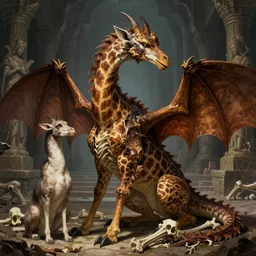 portrait of fantasy beast dragon - wyrm - giraffe hybrid, underneath laying bones, big beast pet sitting next to him, dark gods ancient temple in the background, illustration concept trending pixiv fanbox by wlop and greg rutkowski and caravaggio and rosa bonheur, and william harnett