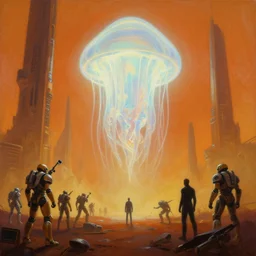 dramatic perspective a minimalist bioluminescent oil painting by donato giancola, chris foss, warm coloured, cinematic scifi with giant bright translucent cephalopod cyborg jellyfish fury road in space with microscopy, gigantic pillars, maschinen krieger, beeple, the matrix, star wars, ilm, star citizen, mass effect, artstation, atmospheric perspective