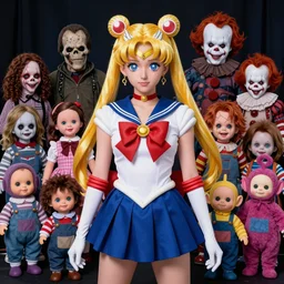 a colorful portrait photograph of divine wearing sailor moon costume, with creepy cursed dolls like little miss no name, face bank, fearsome flush, cursed mickey, blippy in the box, jolly chimp, fingertronic howdy doody electronic puppet, skinny bones, cursed teletubbies, trolls, boobahs, chucky, jigsaw, leatherface, michael myers, pazuzu, chatterer, pennywise, pale man in 1 9 9 0 s, studio light photography, high definition, 8 k, taken by alex webb