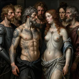 8 k hyper detailed perfect renaissance painting of godlike adam and eve covered in dark tattoos on chest neck and face, futuristic robes, muscular, intricate details, award winning, intricate photo realistic faces, art by michaelangelo and rembrandt, post - processed, taste of horror