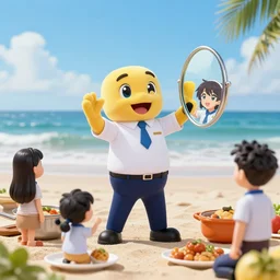 4 5 mm 1 9 8 7 cooking food photography of an corporate mascot at a beach summoning an anime mirror, photography by tyler mitchell johfra bosschart