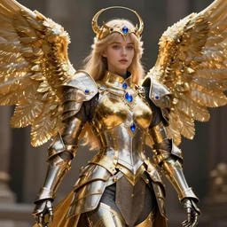 concept art angel knight girl in golden and silver armor adorned with sapphire gems, artstation trending, octane render, cinematic, highly detaild
