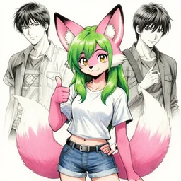 beautiful portrait commission of a cute female pink furry anthro fennec fox fursona casual clothes giving a thumbs up. green hair. character design by charlie bowater, ross tran, artgerm, and makoto shinkai, detailed, inked, western comic book art