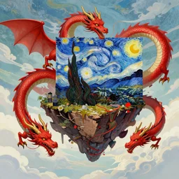 a crimson flying island surrounded by dragons, artwork van gogh, artstation,