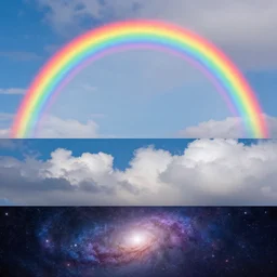 sky with a rainbow and another section of the sky has fluffy clouds and the third section is a galaxy, concept art, trending on artstation octane render 8 k uhd, fitz henry lane, rossdraws