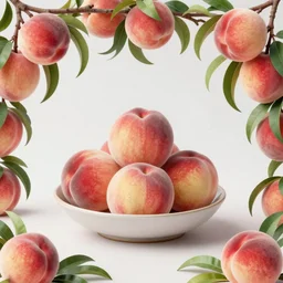 still life of a bowl of peaches with a border of peach plants. art by maria sibylla merian