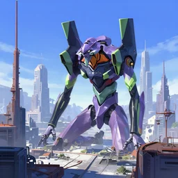 geometric patterns, post - apocalyptic industrial robot city landscape, futuristic abandoned place, neon genesis evangelion blue sky, artstation, trending on behance
