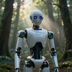 a robot portrait in a movie, forest, cinematic shot, sun beams