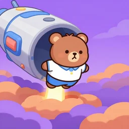 cartoon animated bear wearing clothes being launched out of a futuristic machine into a purple and orange cloud land