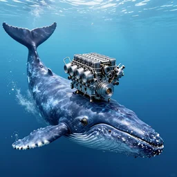 digital art of a small v 8 engine on the head of a massive cachalot whale, eight - cylinder piston diesel engine in the head of a huge cachalot in the ocean, smooth body and tail of a cachalot whale, full - body, wide angle, longer shot, in the style of cyberpunk, fantastic