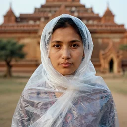 closeup portrait of a woman wrapped in plastic trash, standing in bagan temples in burma, color photograph, by vincent desiderio, canon eos c 3 0 0, ƒ 1. 8, 3 5 mm, 8 k, medium - format print