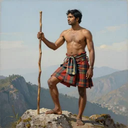 a homoerotic painting of a rugged shirtless desi mountaineer on a mountain peak holding a wooden staff. he is wearing a short tartan kilt, cowboy hat, and boots. tarot card, art deco, art nouveau. by raja ravi varma, by louis comfort tiffany, by albert bierstadt. trending on artstation.