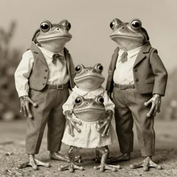 vintage photograph of a frog family in human clothing, full body, sepia
