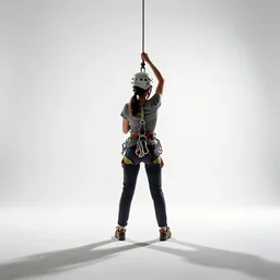 petite rock climber with rope, studio photography, full body, standing, isolated on a pure white background, centered, whole figure in frame, sharp focus, studio lighting