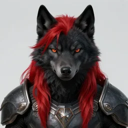 character concept art of a black anthropomorphic male furry wolf long red hair wearing destiny 2 armor | | cute - fine - face, pretty face, key visual, realistic shaded perfect face, fine details by stanley artgerm lau, wlop, rossdraws, james jean, andrei riabovitchev, marc simonetti, and sakimichan, trending on artstation