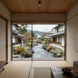 inside of modern Japanese house with a river running through