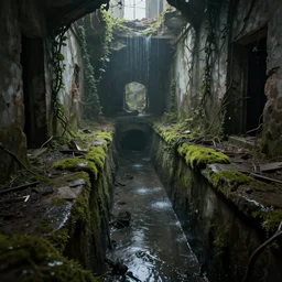 inside the old sewers in the ruined part of the city. fantasy art, dripping water, standing water, channel, flooded, musty, moss, vines, ruins, abandoned spaces, pinpricks of light, dungeons and dragons.