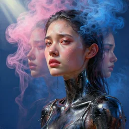 3 d, pink and blue smoke, sun rays, close - up, worry fashion model, sweat skin, liquid black metal, poster art, high detail, intricate oil painting, multiple exposure, deep blue mood, hyperrealism, 3 d, by tooth wu and wlop and beeple and greg rutkowski