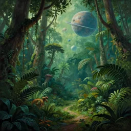 A strange jungle forest and on a science-fiction planet, beautiful matte painting, Moebius, frank frazetta, sid mead, thomas kinkade, rodney mathews, trending on artstation