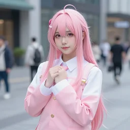 Photo, Nikon, a cute Japanese cosplayer girl cosplaying as Mash Kyrielight on the street, Pink hair, glasses