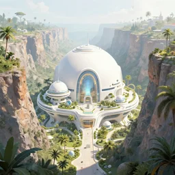 A beautiful illustration of a domed retro futuristic garden city built across a massively deep canyon on a tropical alien world by Robert McCall | sparth:.2 | Time white:.2 | Rodney Matthews:.2 | Graphic Novel, Visual Novel, Colored Pencil, Comic Book:.2 | unreal engine:.6 | first person perspective:.6 | establishing shot:.7