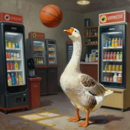 very detailed painting by emile friant of a goose playing basketball in a phone shop