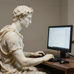 a roman marble sculpture a person using a computer