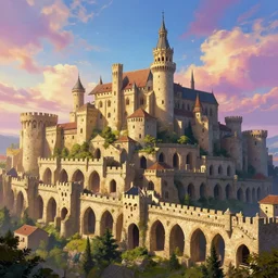 a beautiful medieval city with countless arches and towers, widescreen, magical, fantasy art, colourful sky
