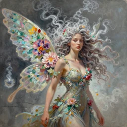 a colorful and provenance illustrations painting of the fantasy female who with floral wing, highly detailed, her hair made of hair made of air wind and curling smoke, mist, dust, genie, spirit fantasy concept art, art by afremov and leonid, trending on artstation.