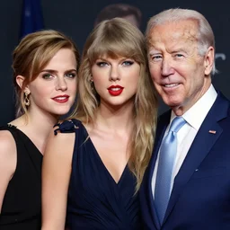 A portrait photo of Elon Musk teams up with emma watson, taylor swift, and biden. perfect faces, 50 mm, award winning photography