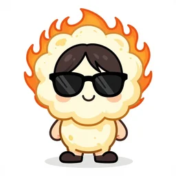 vector anime chibi style character of a piece of fluffy popcorn with a smiling face and flames for hair, with john lennon sunglasses, popcorn as morpheus, clean composition, symmetrical